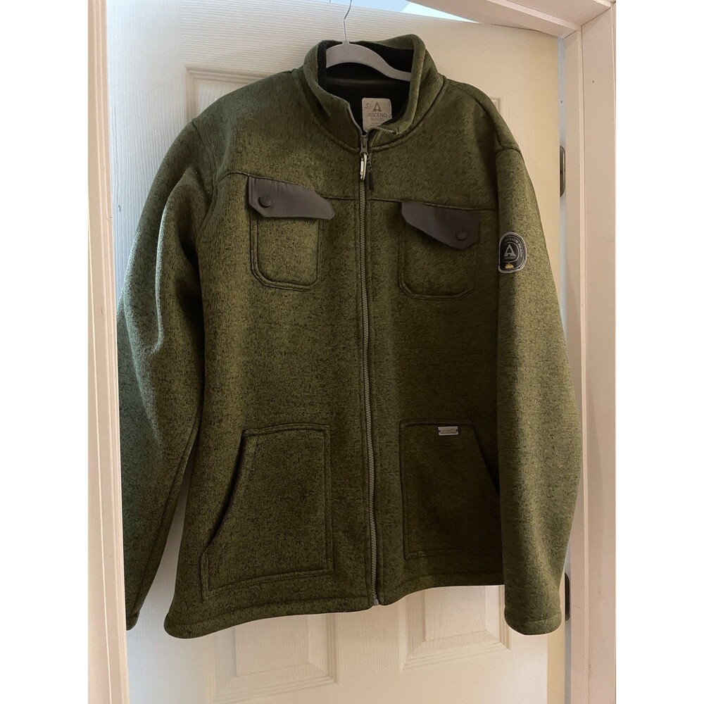 Ascend Mens Knit Sweater Jacket XL Olive Green Hiking Warm Outdoor Fleece Lined